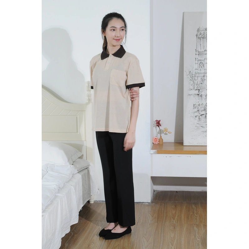 BD-MO-044  Order Polo collar housekeeping uniform, design contrast collar and contrast sleeves