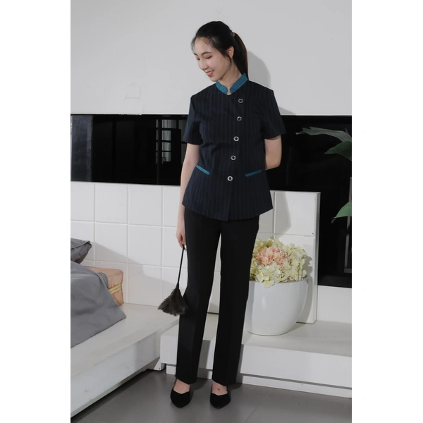 BD-MO-046  Design small stand-up collar housekeeping uniform Order linen striped housekeeping uniform 