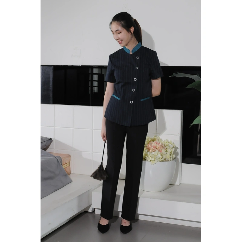 BD-MO-046  Design small stand-up collar housekeeping uniform Order linen striped housekeeping uniform 