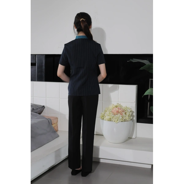 BD-MO-046  Design small stand-up collar housekeeping uniform Order linen striped housekeeping uniform 