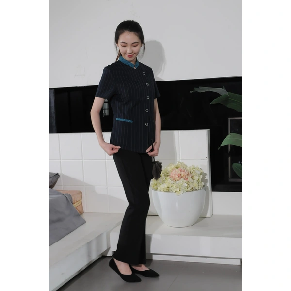 BD-MO-046  Design small stand-up collar housekeeping uniform Order linen striped housekeeping uniform 