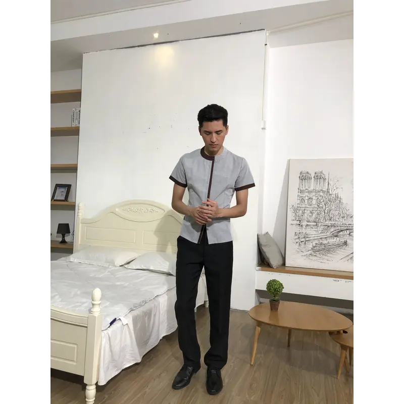 BD-MO-146  Design Contrasting Collar Housekeeping Uniforms Ordering Concealed Flap Design Housekeeping Uniforms