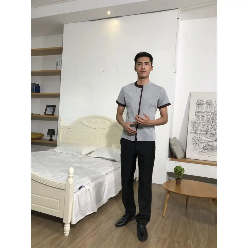 BD-MO-146  Design Contrasting Collar Housekeeping Uniforms Ordering Concealed Flap Design Housekeeping Uniforms