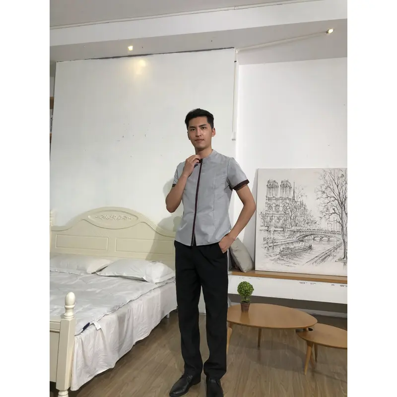 BD-MO-146  Design Contrasting Collar Housekeeping Uniforms Ordering Concealed Flap Design Housekeeping Uniforms