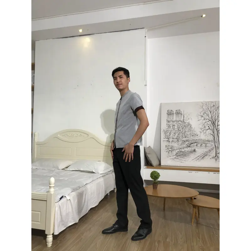 BD-MO-146  Design Contrasting Collar Housekeeping Uniforms Ordering Concealed Flap Design Housekeeping Uniforms