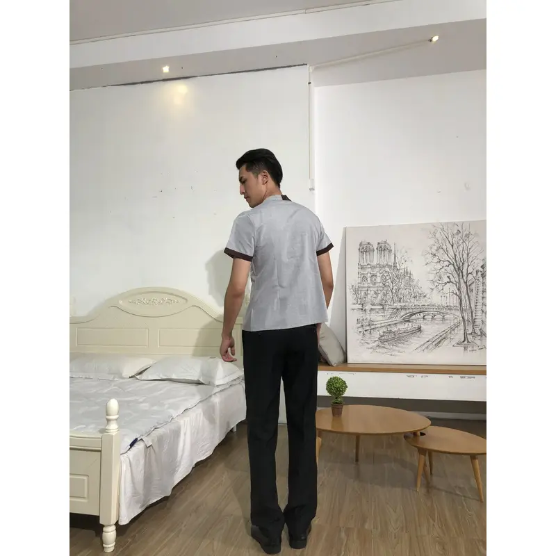 BD-MO-146  Design Contrasting Collar Housekeeping Uniforms Ordering Concealed Flap Design Housekeeping Uniforms