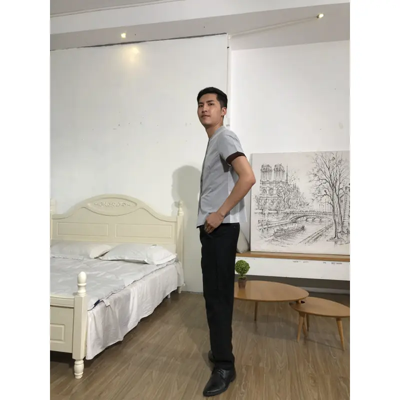 BD-MO-146  Design Contrasting Collar Housekeeping Uniforms Ordering Concealed Flap Design Housekeeping Uniforms