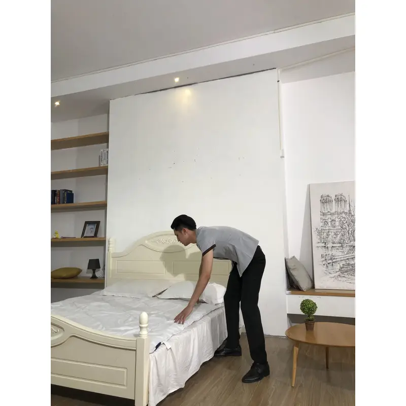 BD-MO-146  Design Contrasting Collar Housekeeping Uniforms Ordering Concealed Flap Design Housekeeping Uniforms