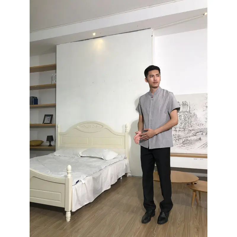 BD-MO-147  Design the buckle placket design, order the Chinese style stand-up collar housekeeping uniform, breathable cotton and linen fabric