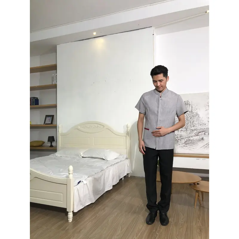 BD-MO-147  Design the buckle placket design, order the Chinese style stand-up collar housekeeping uniform, breathable cotton and linen fabric