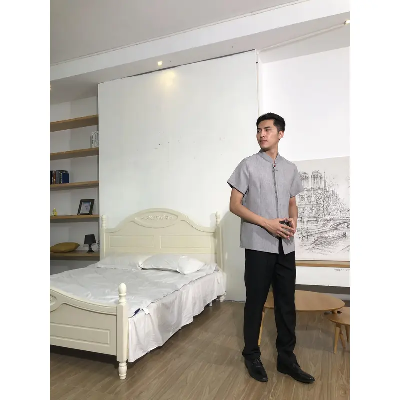 BD-MO-147  Design the buckle placket design, order the Chinese style stand-up collar housekeeping uniform, breathable cotton and linen fabric