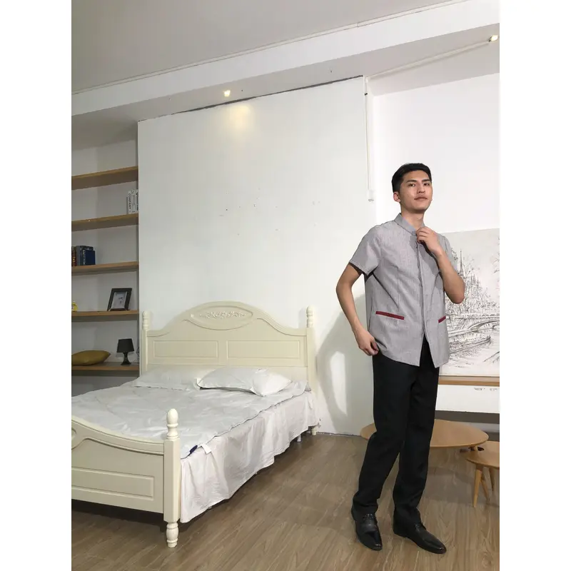 BD-MO-147  Design the buckle placket design, order the Chinese style stand-up collar housekeeping uniform, breathable cotton and linen fabric