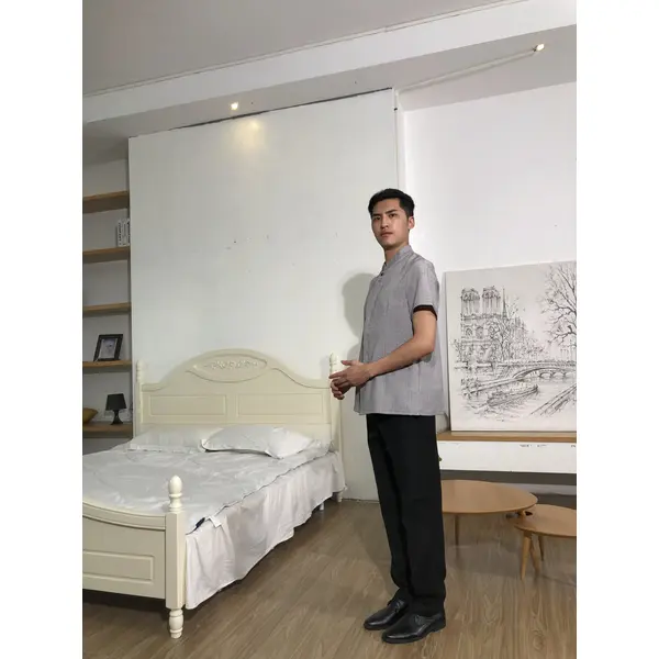 BD-MO-147  Design the buckle placket design, order the Chinese style stand-up collar housekeeping uniform, breathable cotton and linen fabric