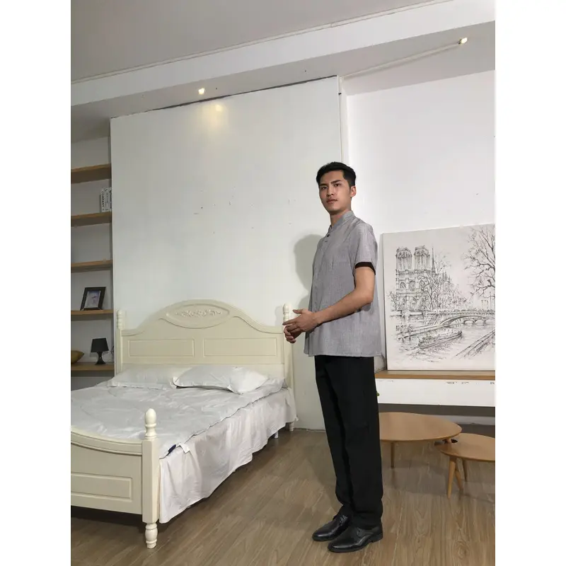 BD-MO-147  Design the buckle placket design, order the Chinese style stand-up collar housekeeping uniform, breathable cotton and linen fabric