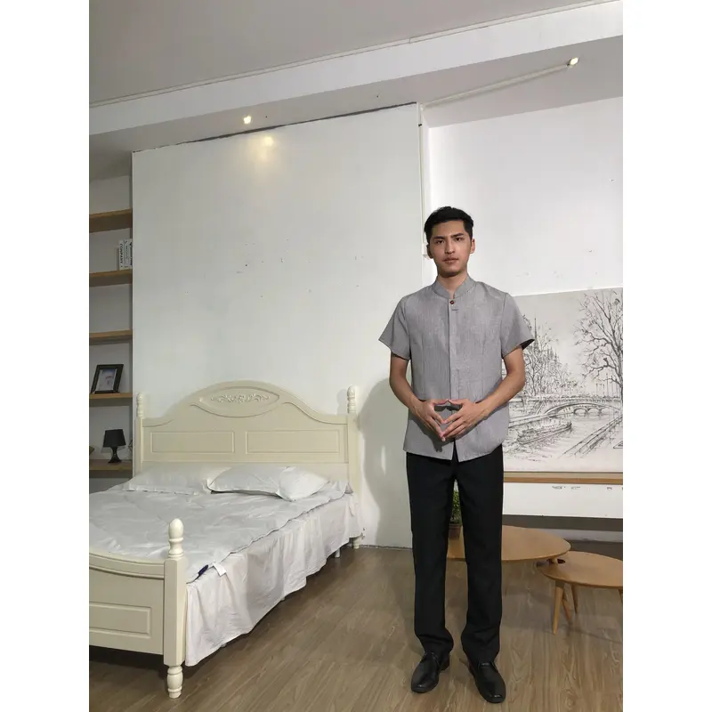 BD-MO-147  Design the buckle placket design, order the Chinese style stand-up collar housekeeping uniform, breathable cotton and linen fabric