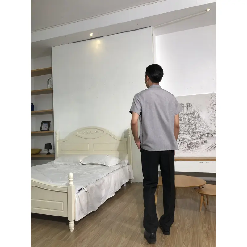 BD-MO-147  Design the buckle placket design, order the Chinese style stand-up collar housekeeping uniform, breathable cotton and linen fabric