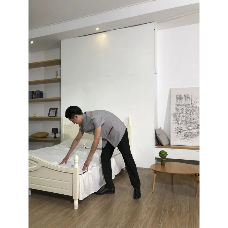 BD-MO-147  Design the buckle placket design, order the Chinese style stand-up collar housekeeping uniform, breathable cotton and linen fabric