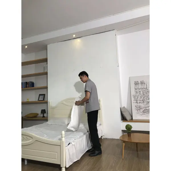 BD-MO-147  Design the buckle placket design, order the Chinese style stand-up collar housekeeping uniform, breathable cotton and linen fabric