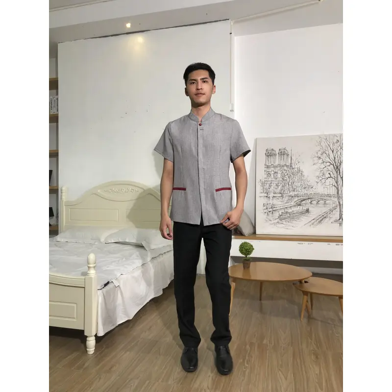 BD-MO-147  Design the buckle placket design, order the Chinese style stand-up collar housekeeping uniform, breathable cotton and linen fabric
