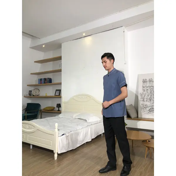 BD-MO-148  Order Chinese stand-up collar housekeeping uniform, cuff slit design, invisible button design