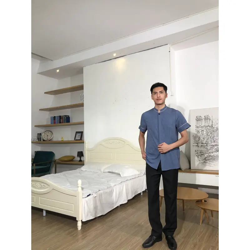 BD-MO-148  Order Chinese stand-up collar housekeeping uniform, cuff slit design, invisible button design