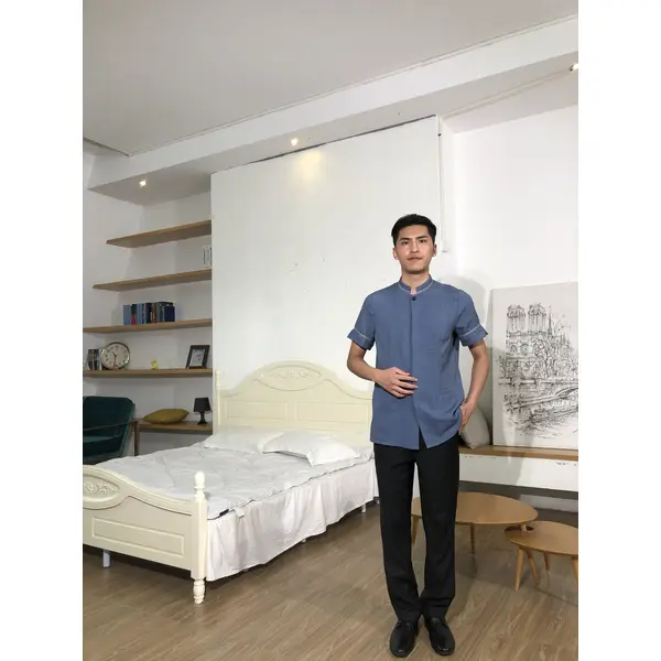BD-MO-148  Order Chinese stand-up collar housekeeping uniform, cuff slit design, invisible button design