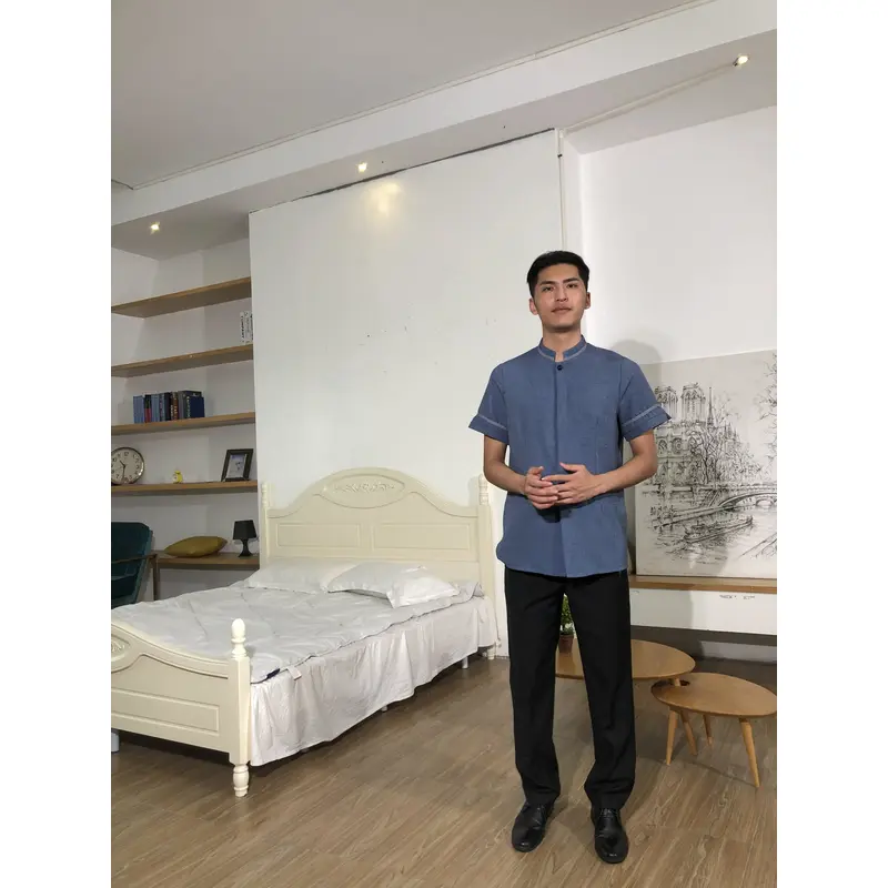 BD-MO-148  Order Chinese stand-up collar housekeeping uniform, cuff slit design, invisible button design