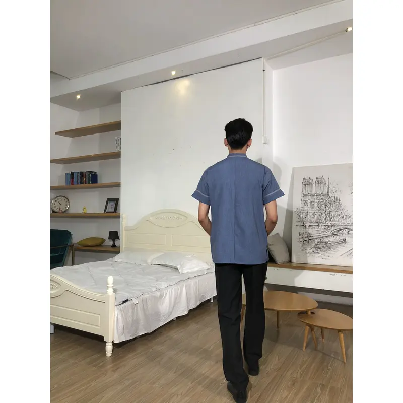 BD-MO-148  Order Chinese stand-up collar housekeeping uniform, cuff slit design, invisible button design