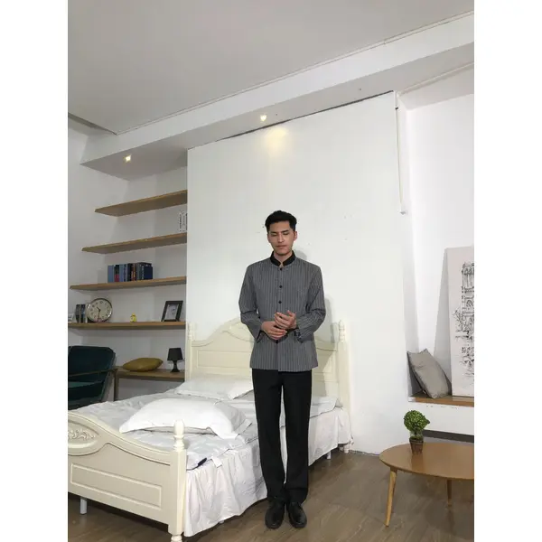 BD-MO-150  Design small stand-up collar housekeeping uniform Order linen striped housekeeping uniform Loose cuffs