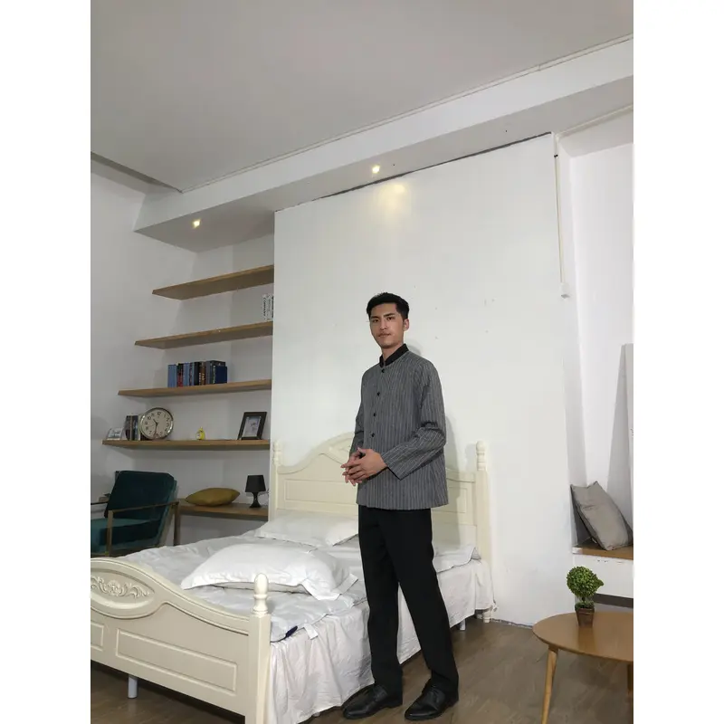 BD-MO-150  Design small stand-up collar housekeeping uniform Order linen striped housekeeping uniform Loose cuffs