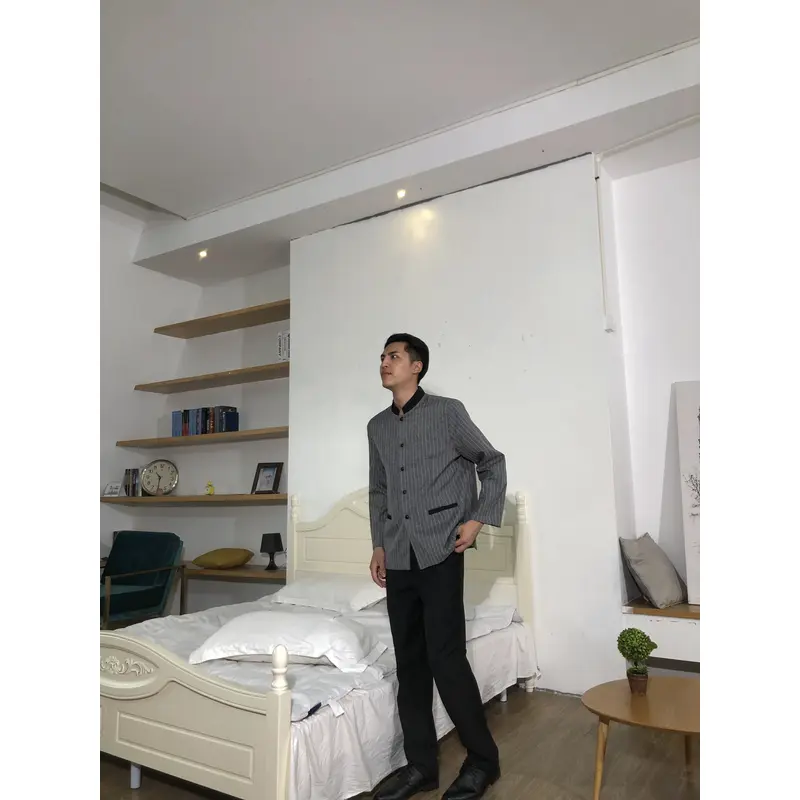 BD-MO-150  Design small stand-up collar housekeeping uniform Order linen striped housekeeping uniform Loose cuffs