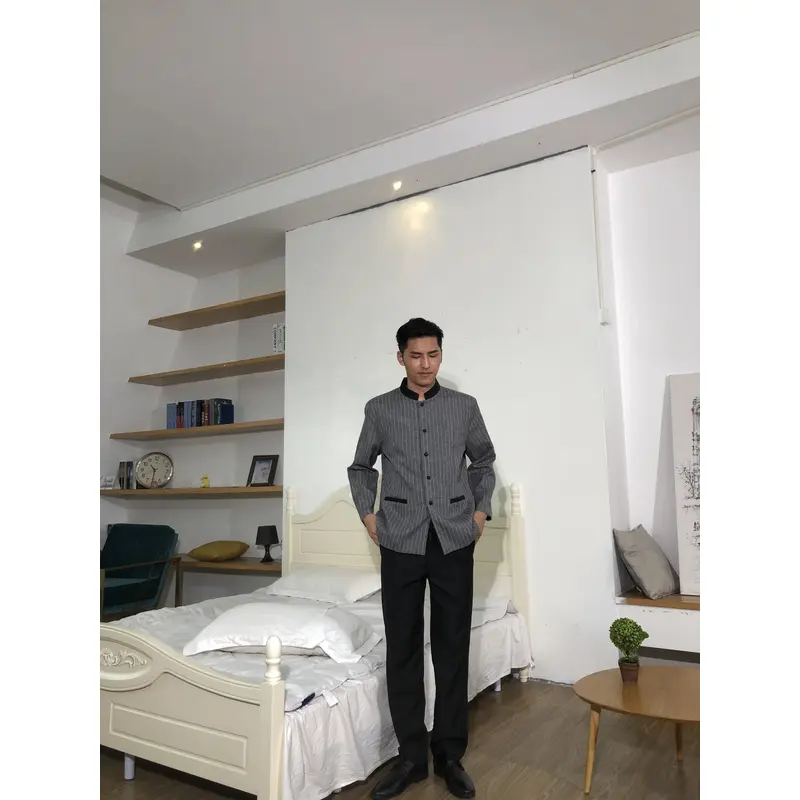 BD-MO-150  Design small stand-up collar housekeeping uniform Order linen striped housekeeping uniform Loose cuffs