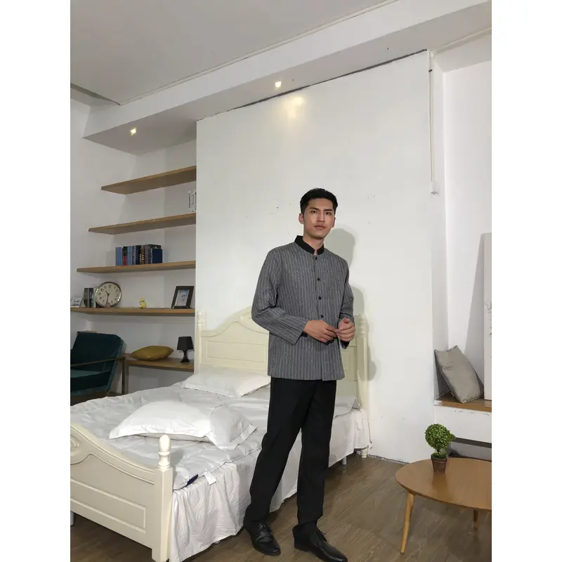 BD-MO-150  Design small stand-up collar housekeeping uniform Order linen striped housekeeping uniform Loose cuffs