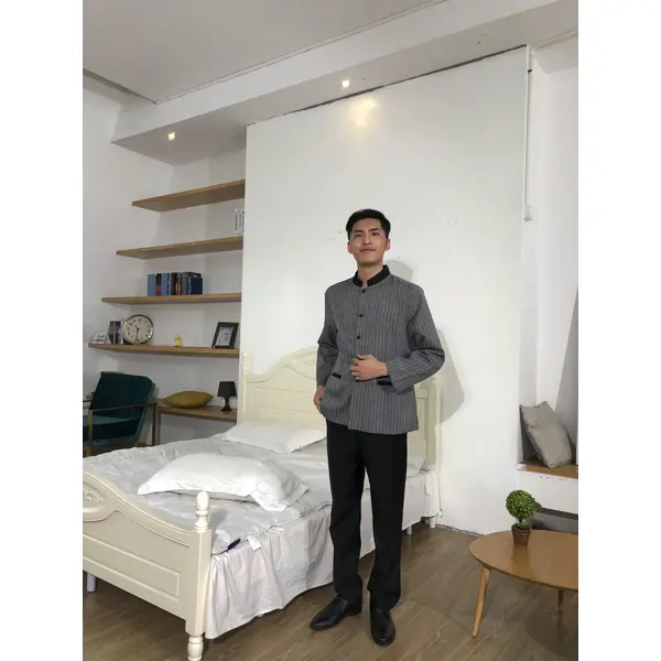 BD-MO-150  Design small stand-up collar housekeeping uniform Order linen striped housekeeping uniform Loose cuffs