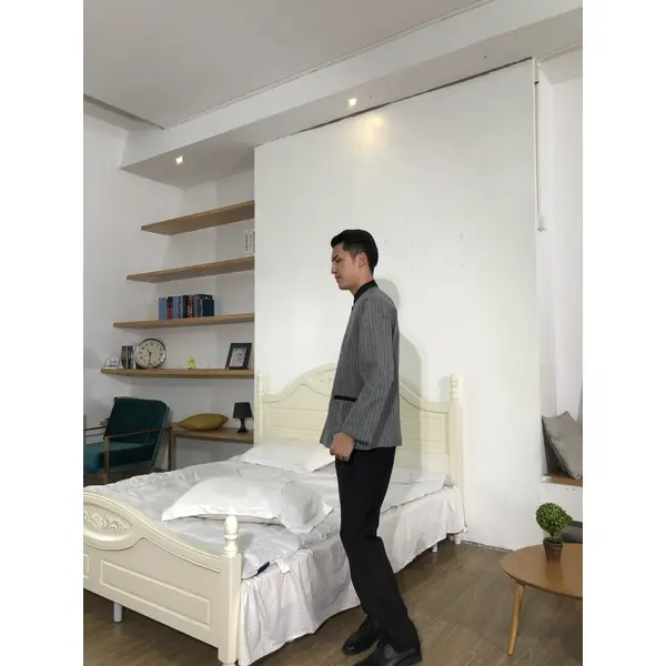 BD-MO-150  Design small stand-up collar housekeeping uniform Order linen striped housekeeping uniform Loose cuffs