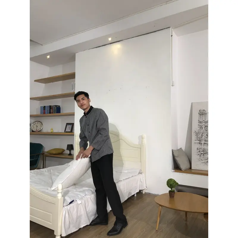 BD-MO-150  Design small stand-up collar housekeeping uniform Order linen striped housekeeping uniform Loose cuffs