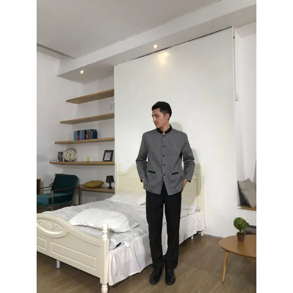 BD-MO-150  Design small stand-up collar housekeeping uniform Order linen striped housekeeping uniform Loose cuffs