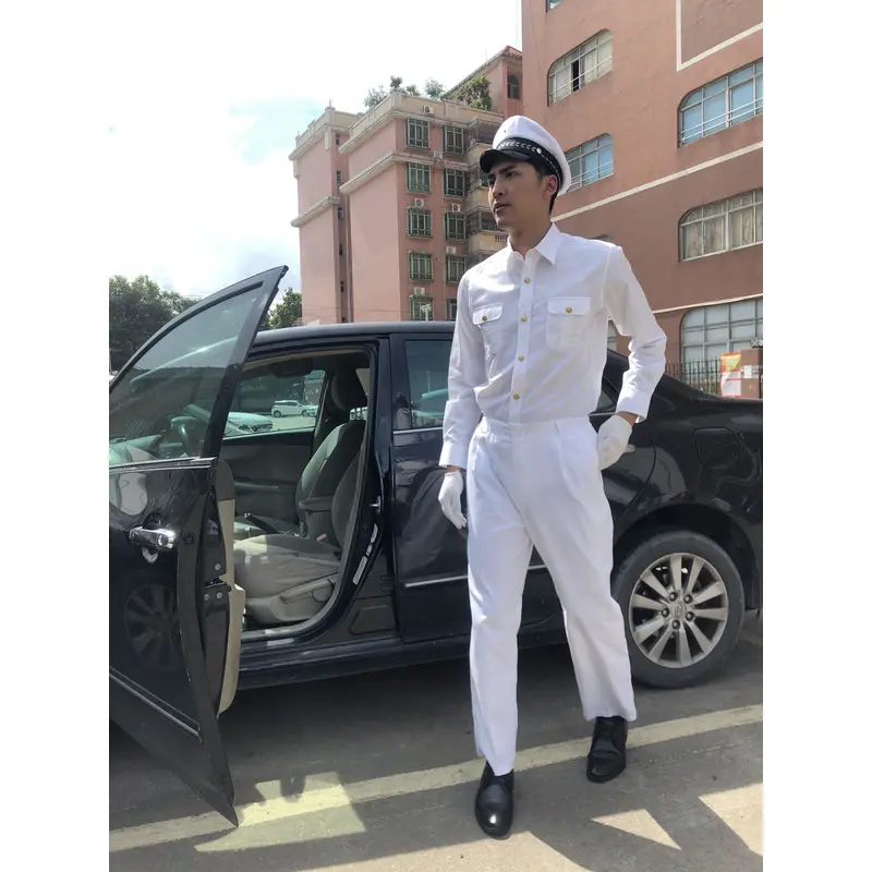 BD-MO-121 To order driver uniforms, model display, design long sleeves, pure white, golden button uniforms, driver uniforms shop