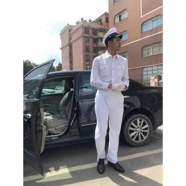 BD-MO-121 To order driver uniforms, model display, design long sleeves, pure white, golden button uniforms, driver uniforms shop