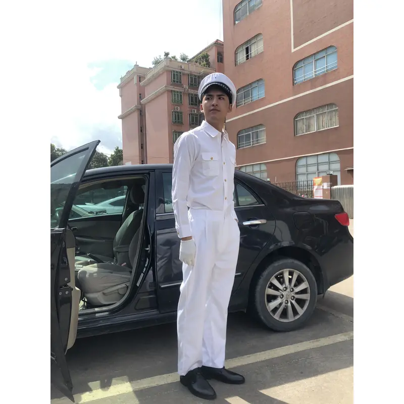 BD-MO-121 To order driver uniforms, model display, design long sleeves, pure white, golden button uniforms, driver uniforms shop