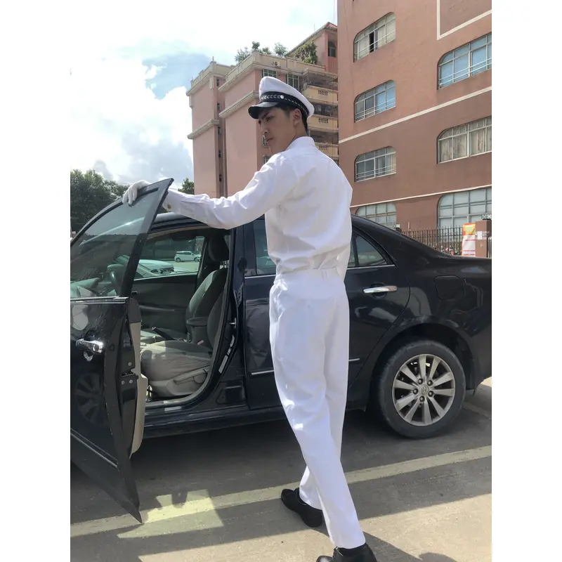 BD-MO-121 To order driver uniforms, model display, design long sleeves, pure white, golden button uniforms, driver uniforms shop