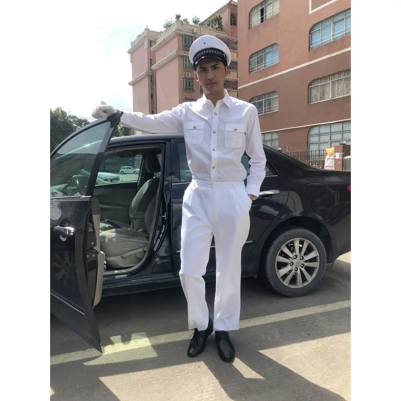 BD-MO-121 To order driver uniforms, model display, design long sleeves, pure white, golden button uniforms, driver uniforms shop