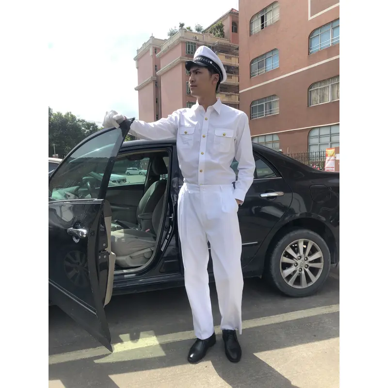 BD-MO-121 To order driver uniforms, model display, design long sleeves, pure white, golden button uniforms, driver uniforms shop
