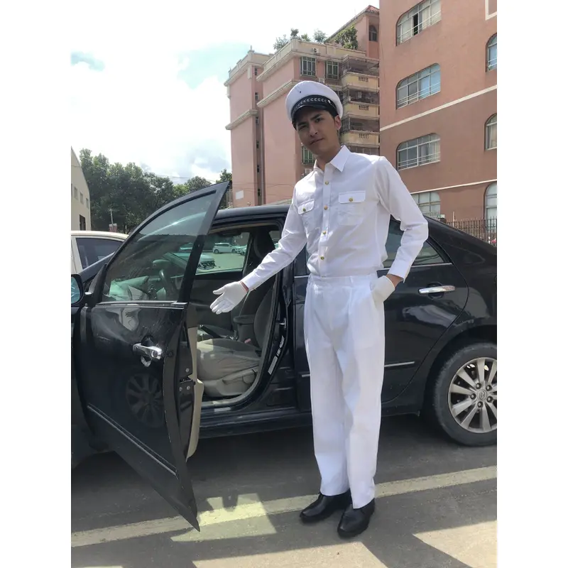 BD-MO-121 To order driver uniforms, model display, design long sleeves, pure white, golden button uniforms, driver uniforms shop