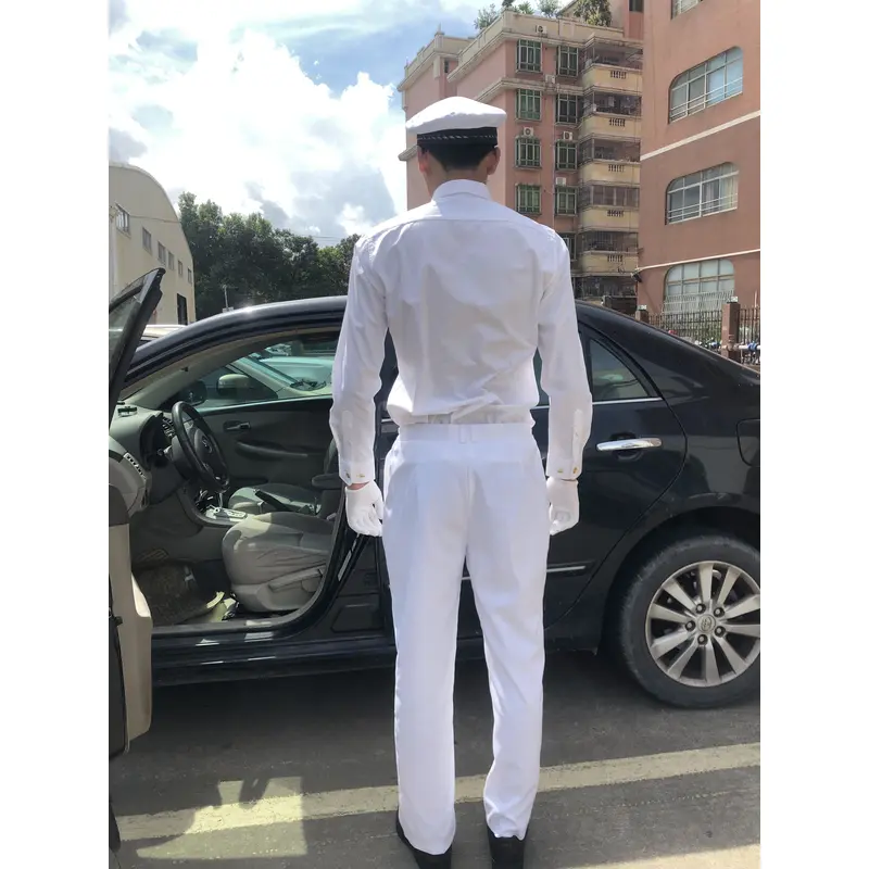 BD-MO-121 To order driver uniforms, model display, design long sleeves, pure white, golden button uniforms, driver uniforms shop