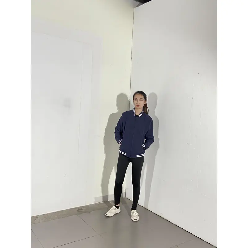 BD-MO-028 Customized stand-collar comfortable jacket, models try on navy blue and blue and white sports jacket jacket manufacturer