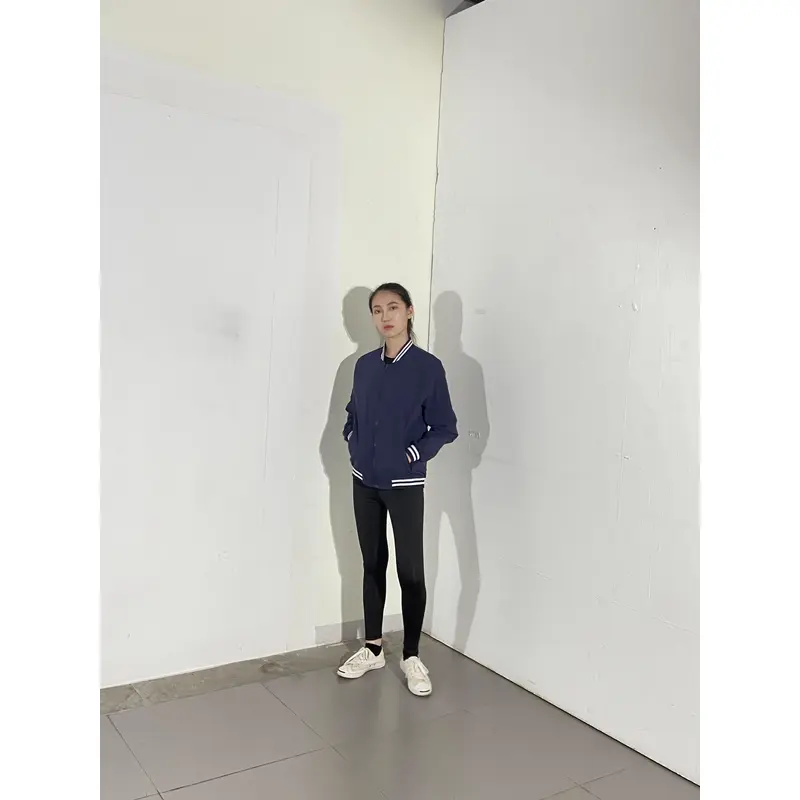 BD-MO-028 Customized stand-collar comfortable jacket, models try on navy blue and blue and white sports jacket jacket manufacturer