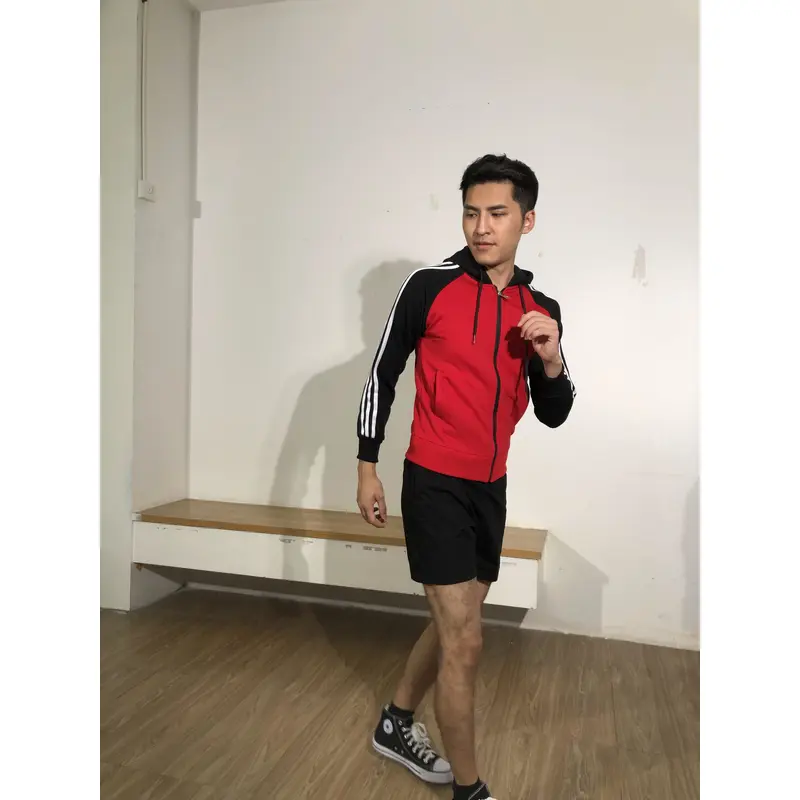 BD-MO-123 Order online hooded knitted uniforms, models try on, red hit black sweater, white stripe, hooded knitted sweater supplier