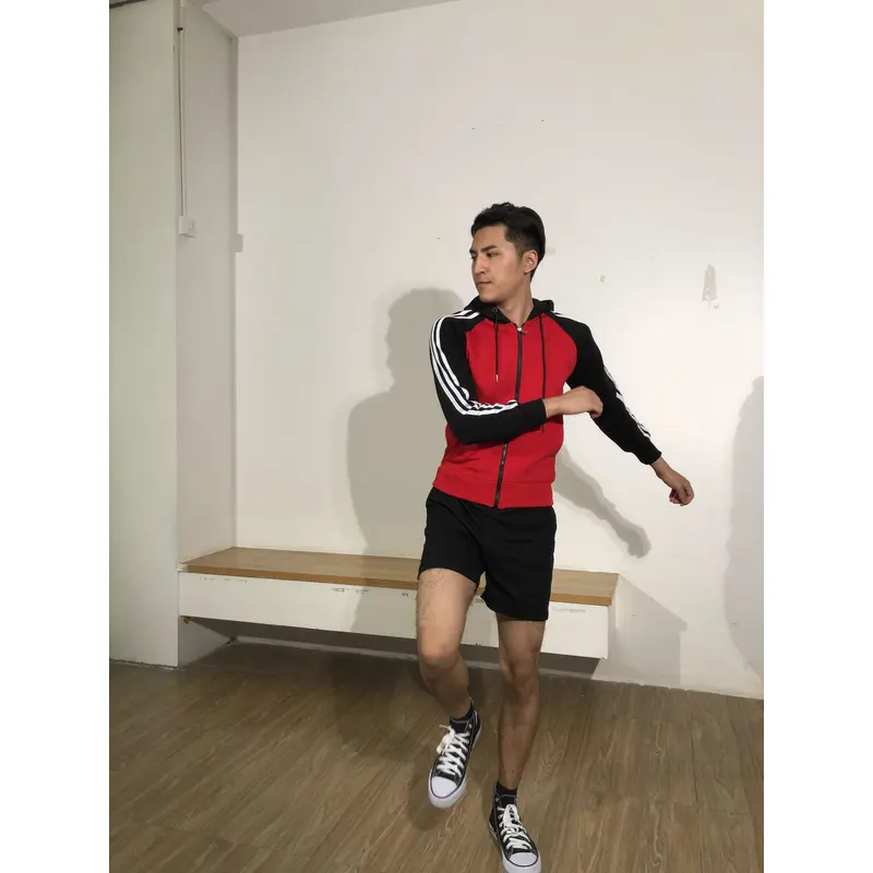 BD-MO-123 Order online hooded knitted uniforms, models try on, red hit black sweater, white stripe, hooded knitted sweater supplier