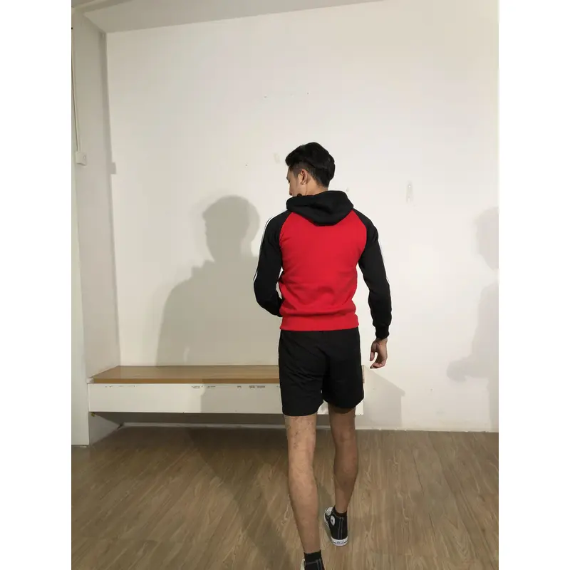 BD-MO-123 Order online hooded knitted uniforms, models try on, red hit black sweater, white stripe, hooded knitted sweater supplier